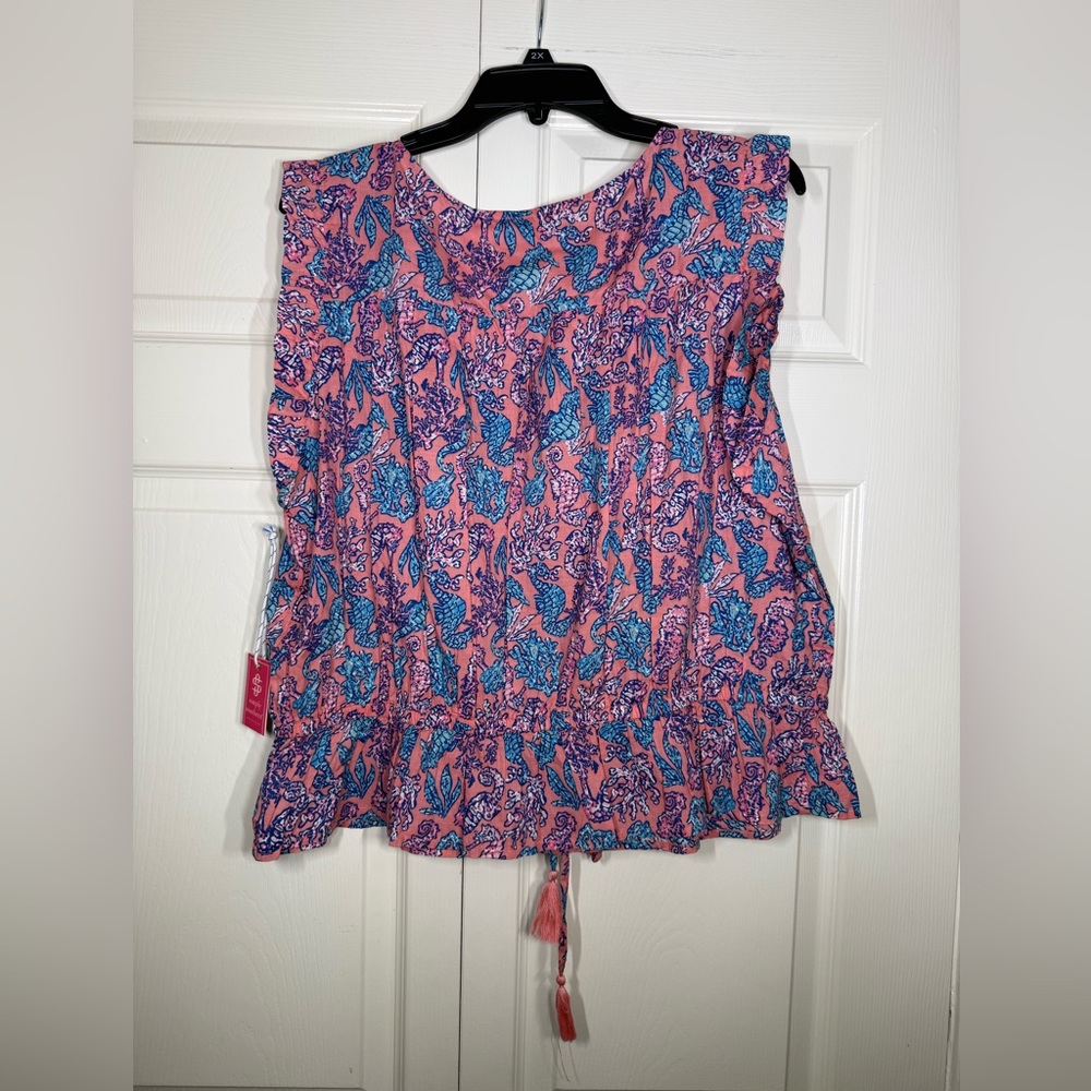 Simply Southern‎ Seahorse Coral Print Smocked Peasant Top Blouse Size XL New